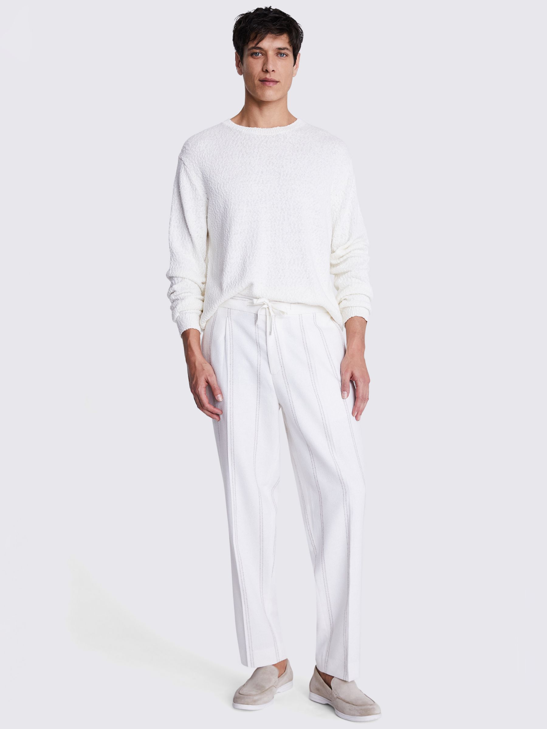 Moss Striped Cotton Linen Blend Relaxed Trousers, Ecru/Grey, XL
