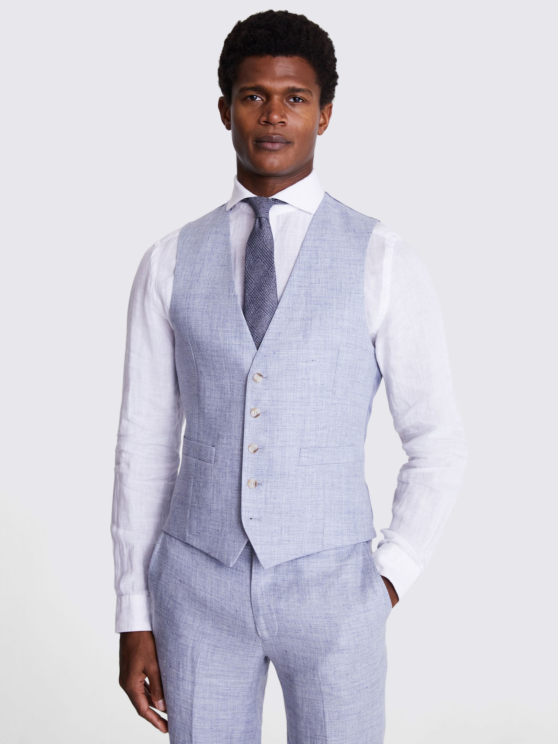 Moss Tailored Fit Linen Waistcoat, Light Blue at John Lewis & Partners