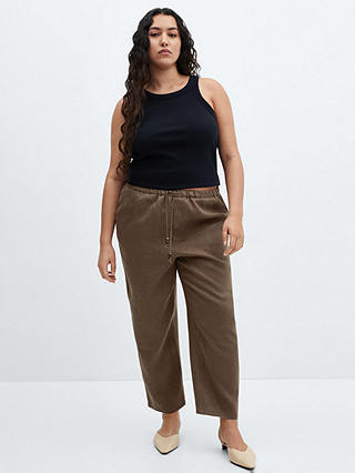 Mango Linen Cropped Trousers, Medium Brown