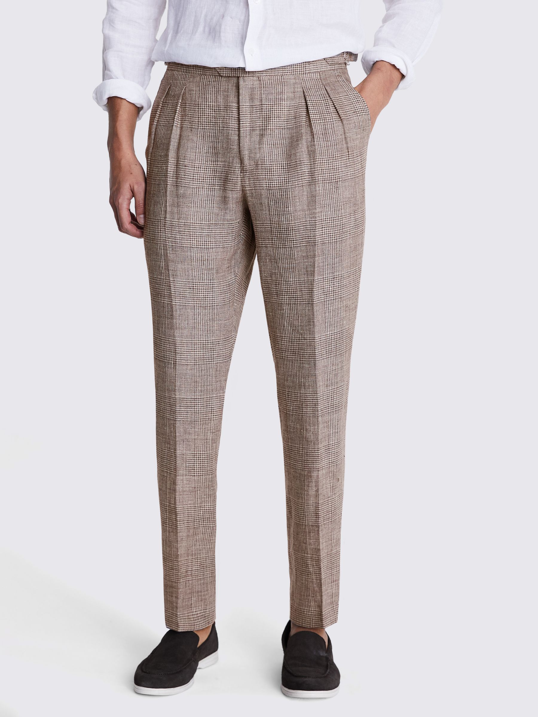 Moss Slim Fit Check Linen Suit Trousers, Brown, 40S