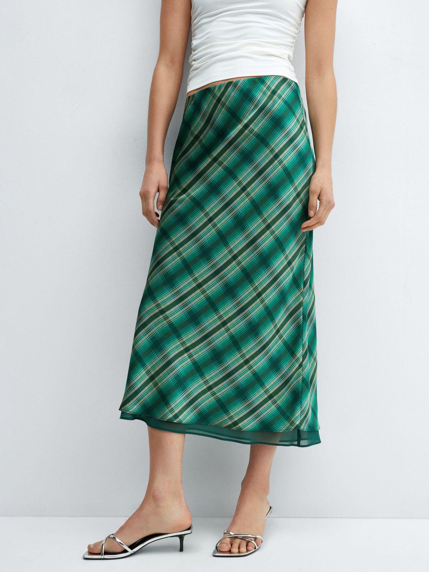 Mango Scot Satin Check Midi Skirt, Green, L