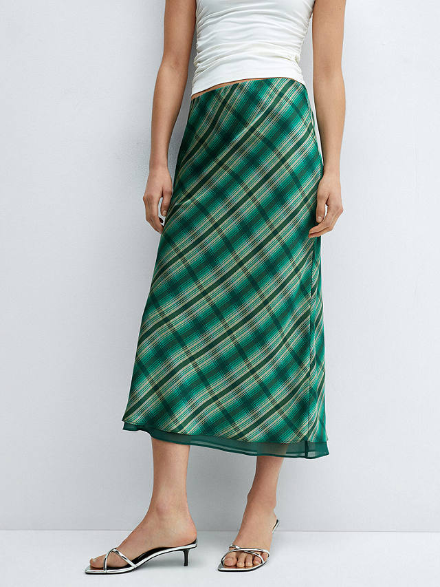 Mango Scot Satin Check Midi Skirt, Green