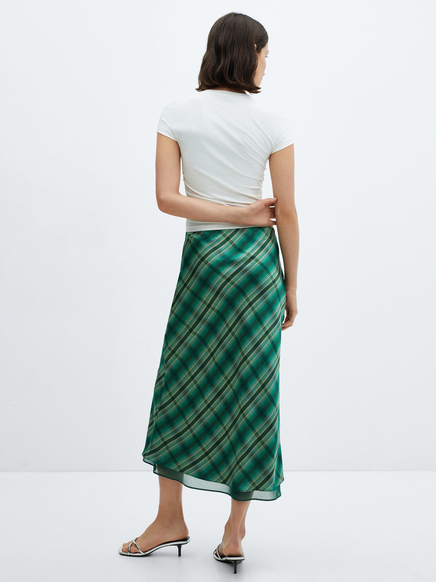 Mango Scot Satin Check Midi Skirt, Green, L