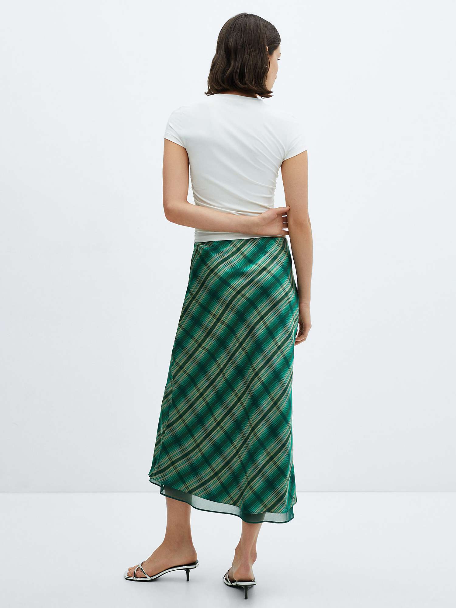 Buy Mango Scot Satin Check Midi Skirt, Green Online at johnlewis.com