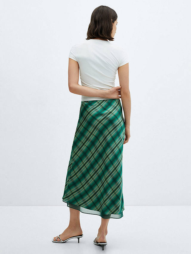 Mango Scot Satin Check Midi Skirt, Green