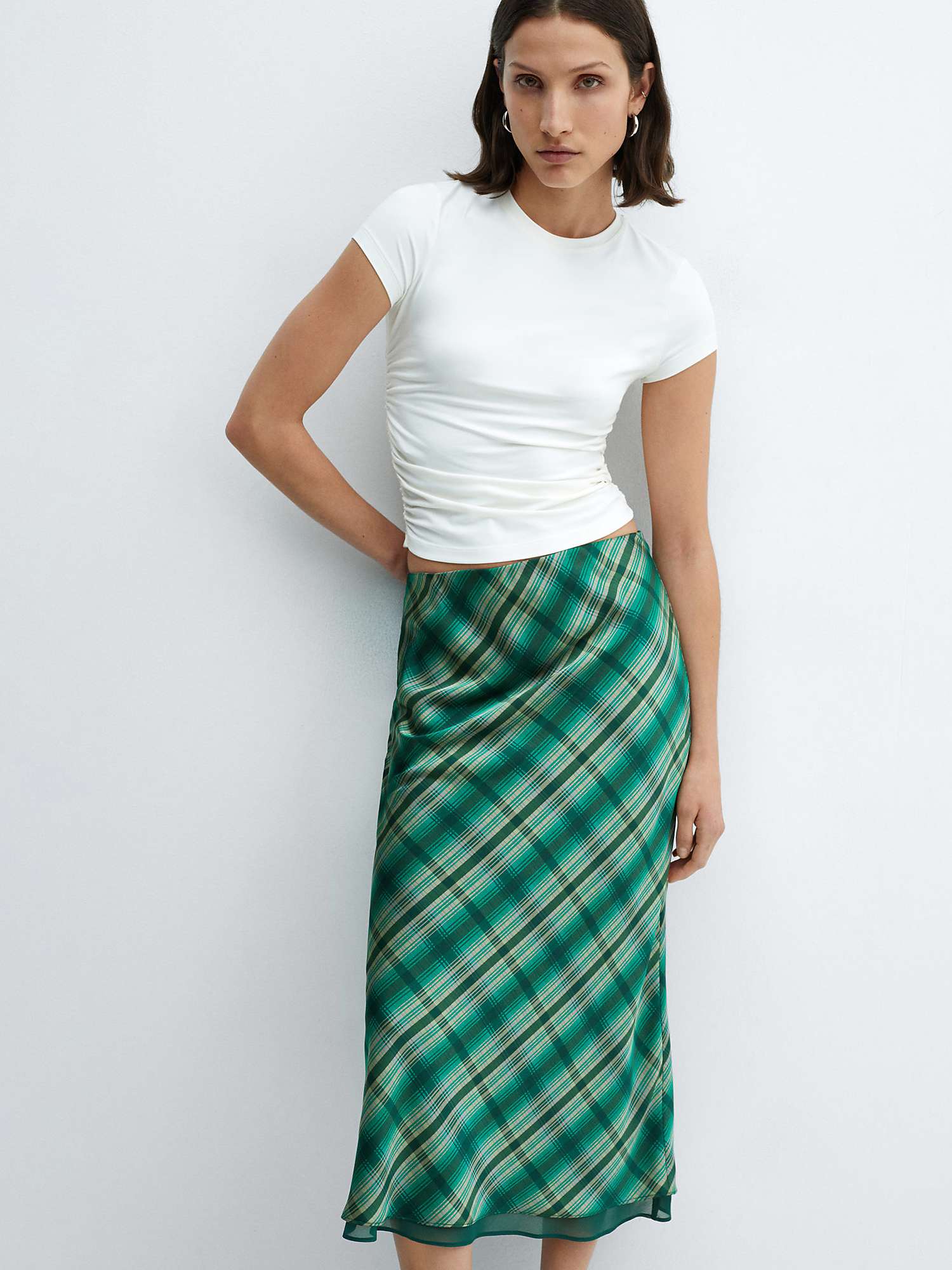 Buy Mango Scot Satin Check Midi Skirt, Green Online at johnlewis.com
