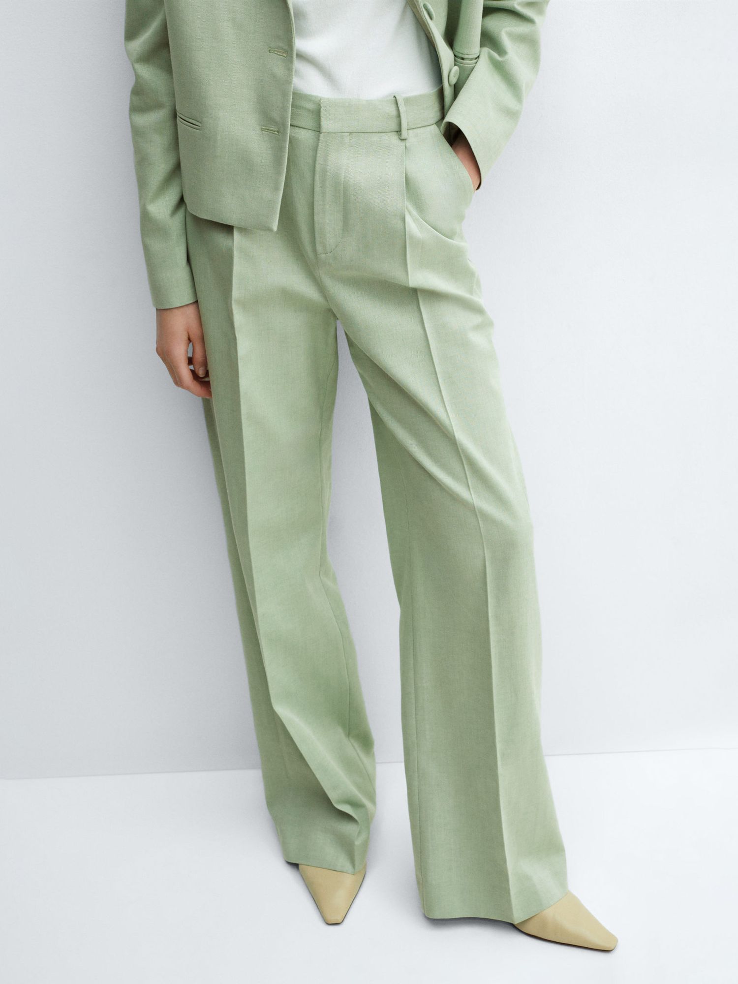 Mango Sevilla Linen Blend Wide Leg Trousers, Green, 4