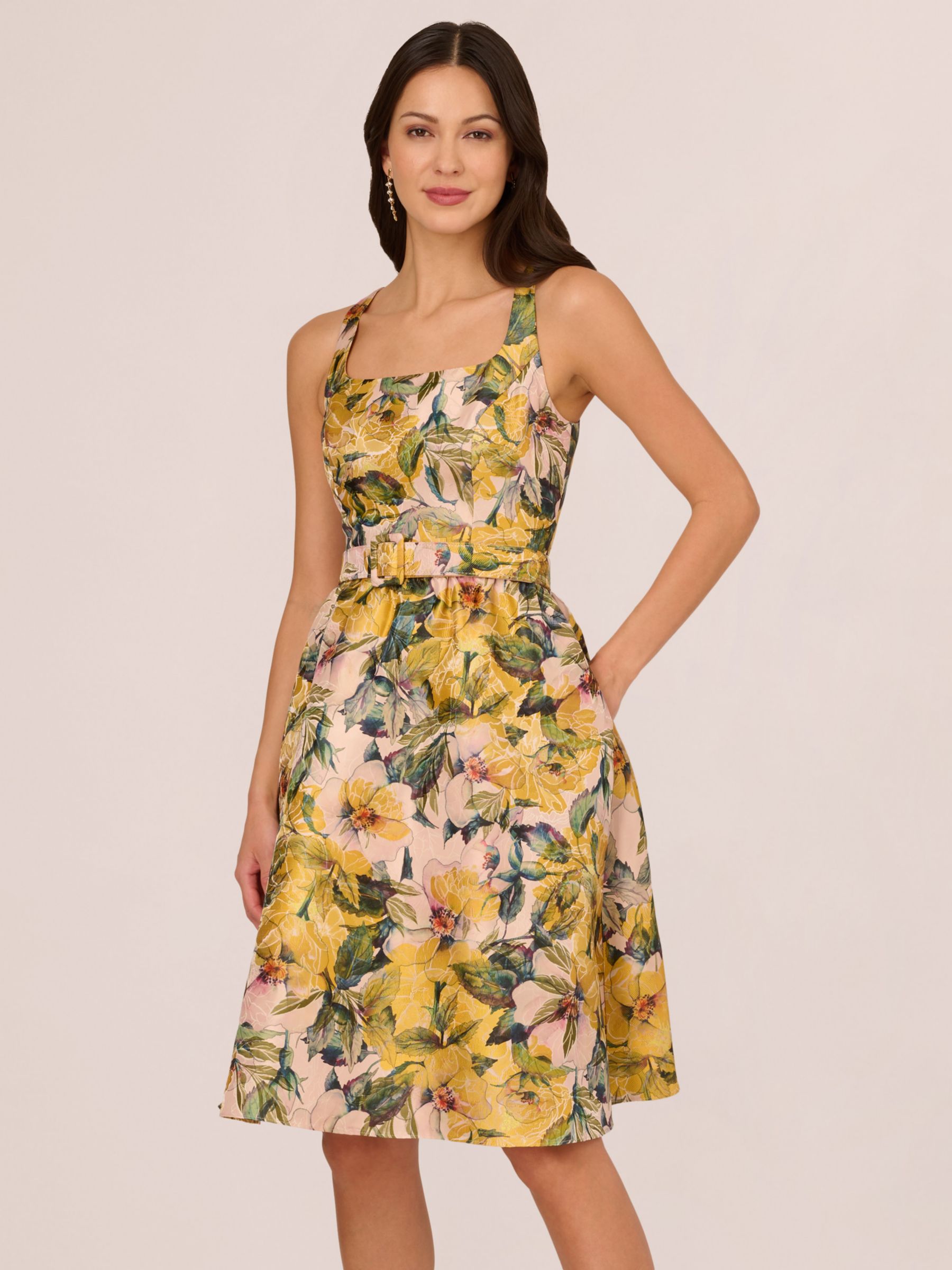 Adrianna Papell Jacquard Floral Flared Dress, Yellow/Multi, 18