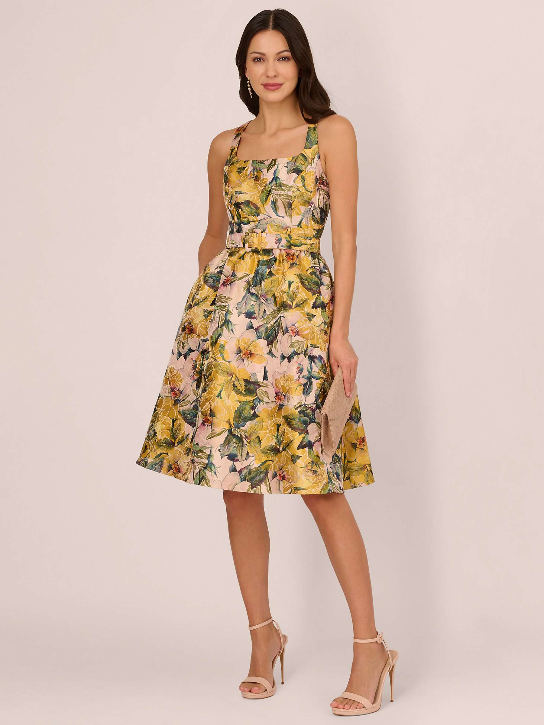 Buy Adrianna Papell Jacquard Floral Flared Dress, Yellow/Multi Online at johnlewis.com