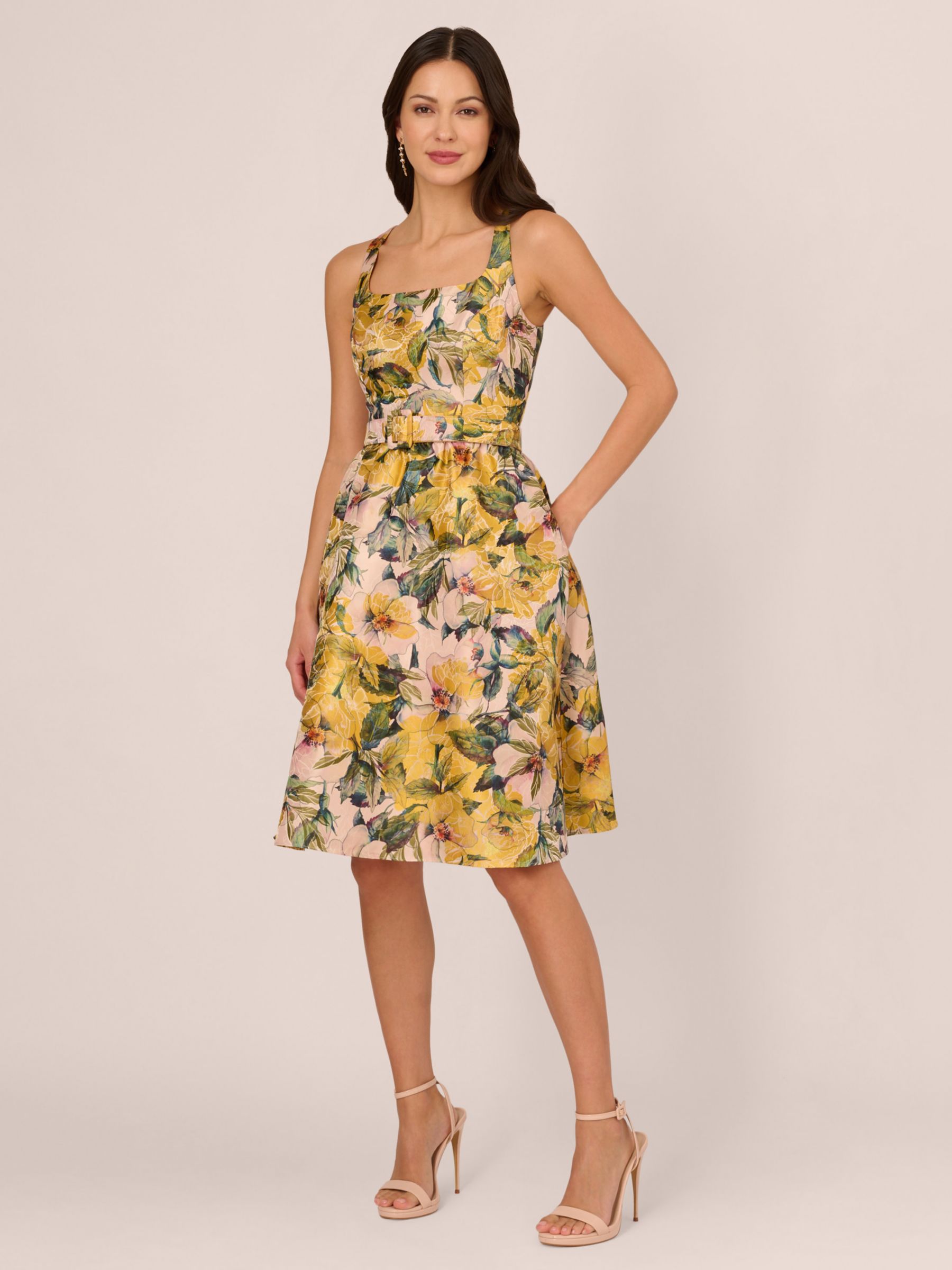 Adrianna Papell Jacquard Floral Flared Dress, Yellow/Multi, 18