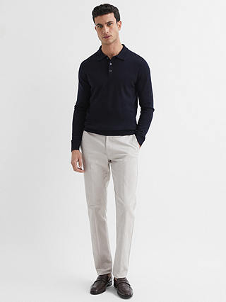 Reiss Trafford Knitted Wool Long Sleeve Polo Top, Navy