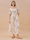 Albaray Buttercup Pressed Floral Organic Cotton Maxi Dress, Cream/Multi, Cream/Multi