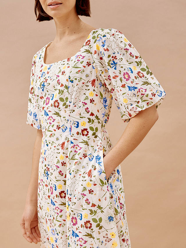 Albaray Buttercup Pressed Floral Organic Cotton Maxi Dress, Cream/Multi