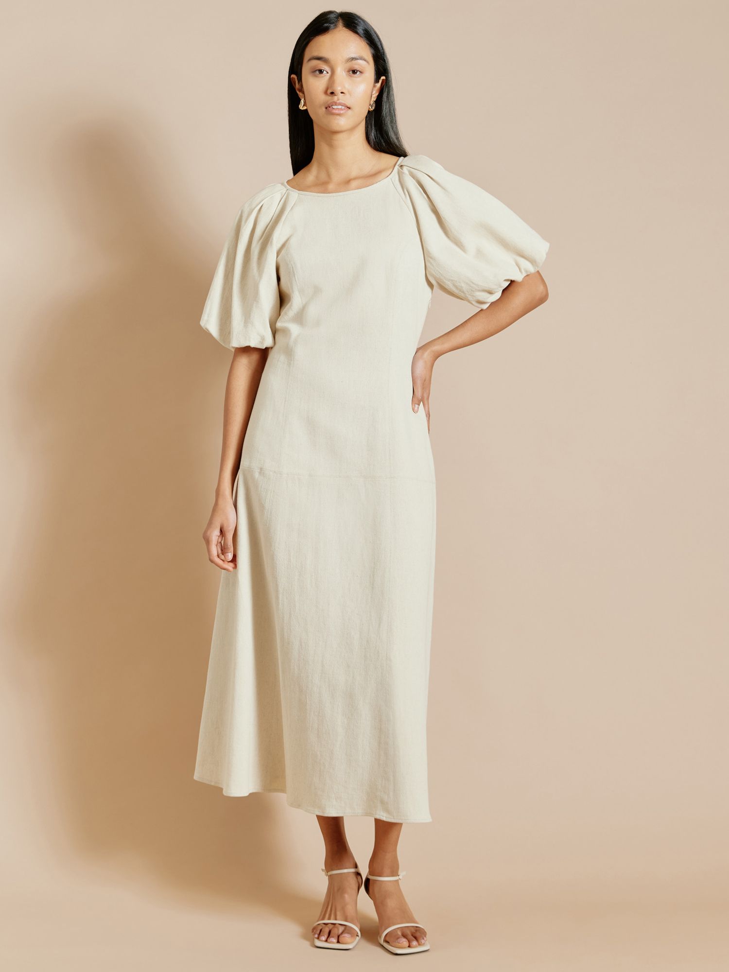 Albaray Cotton Linen Blend Puff Sleeve Midi Dress, Sand, 12