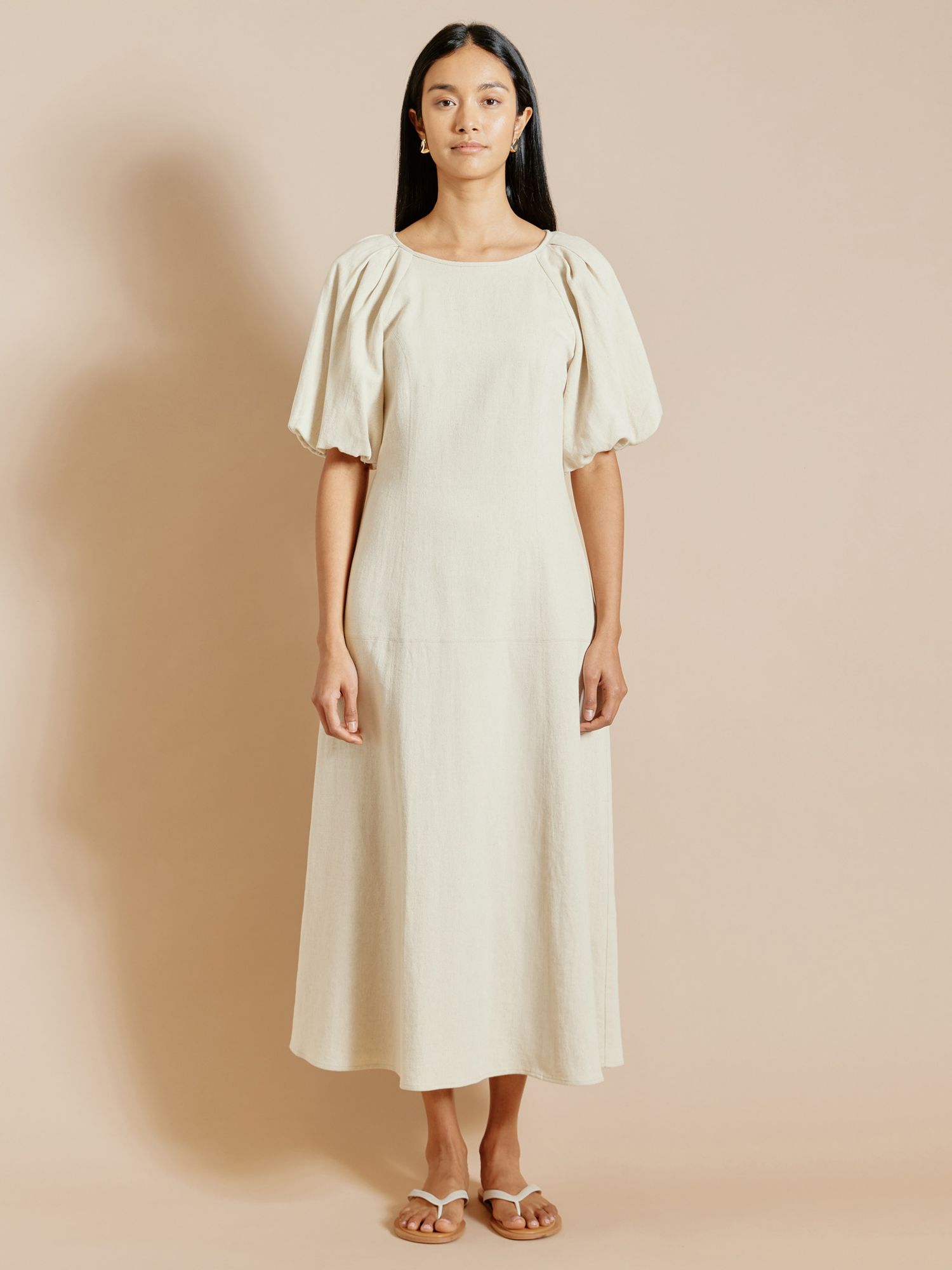 Albaray Cotton Linen Blend Puff Sleeve Midi Dress, Sand, 12
