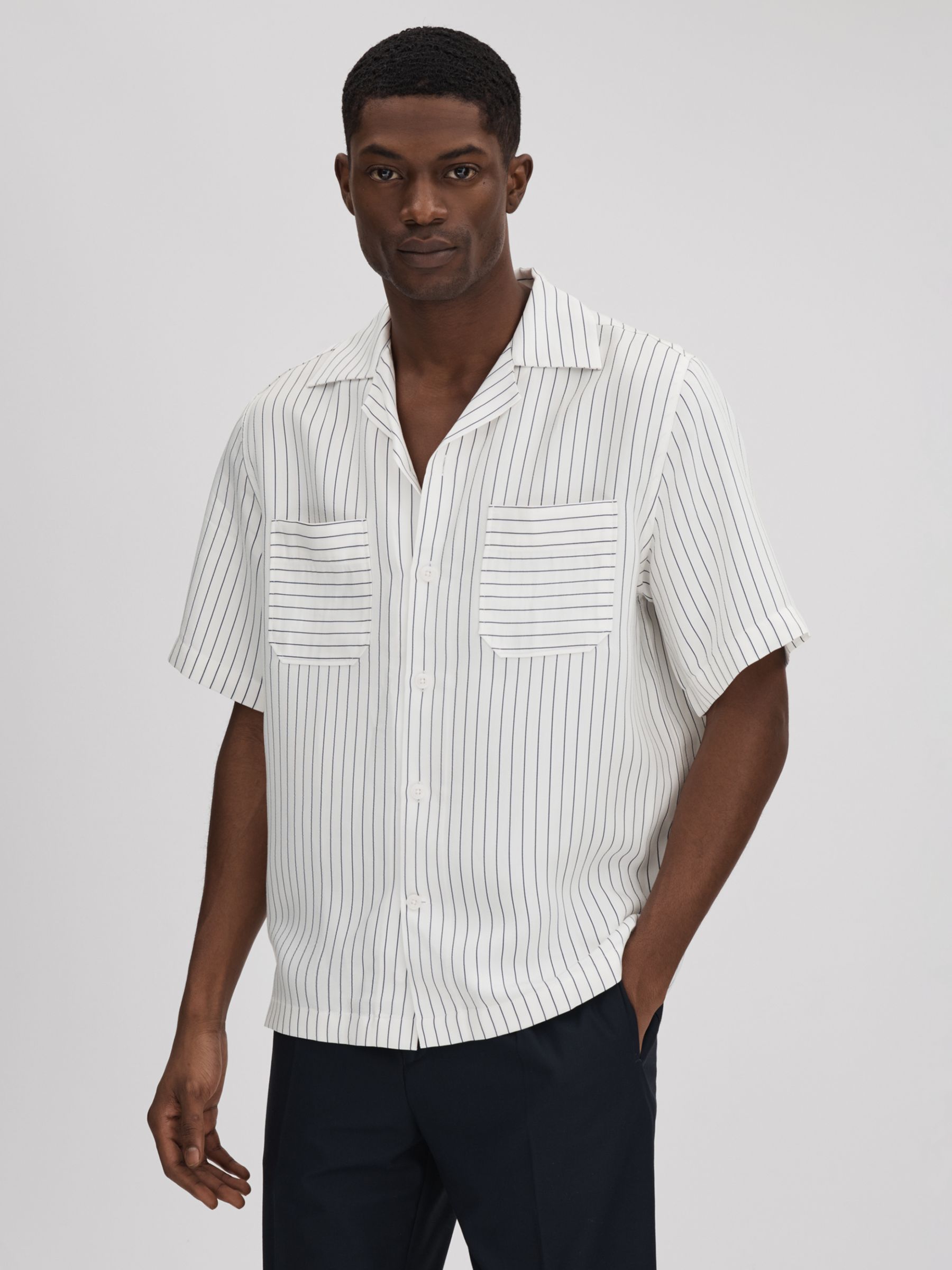 Reiss Anchor Stripe Boxy Shirt, White/Navy, XXL