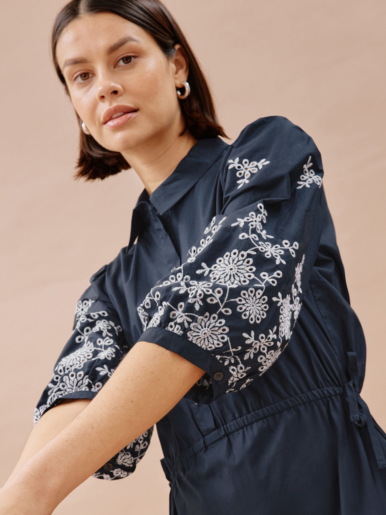 Albaray Organic Cotton Broderie Anglaise Shirt Dress, Navy, 18