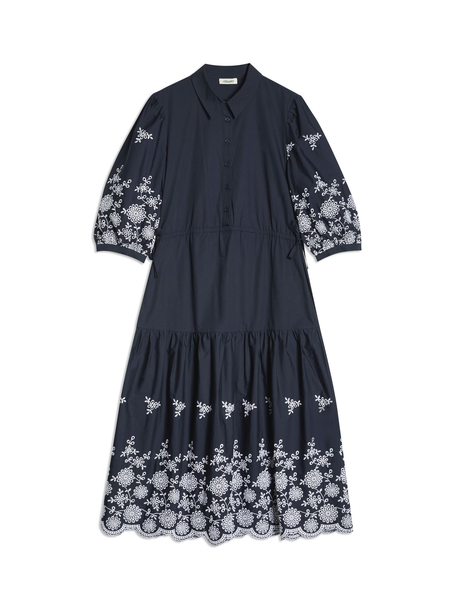 Albaray Organic Cotton Broderie Anglaise Shirt Dress, Navy, 18