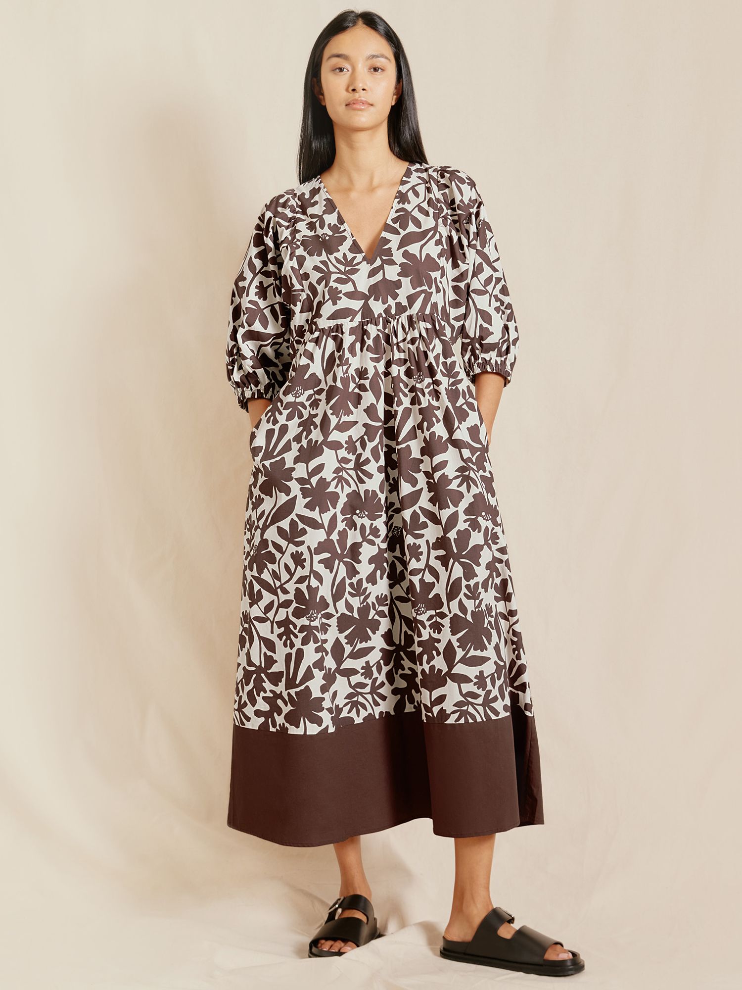 Albaray Cut Out Organic Cotton Midi Floral Dress, Brown/White, 8