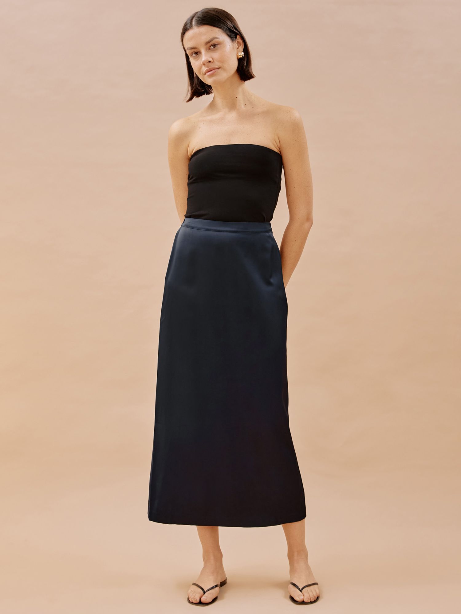 Buy Albaray Satin Midi Skirt, Navy Online at johnlewis.com