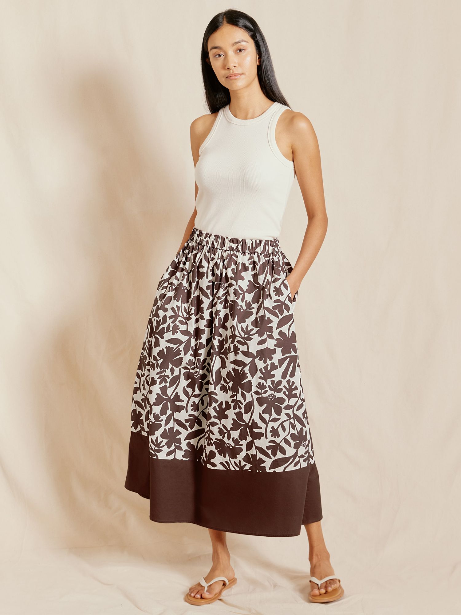 Albaray Organic Cotton Floral Print Midi Skirt, Brown/Cream