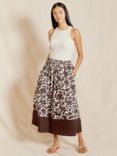 Albaray Organic Cotton Floral Print Midi Skirt, Brown/Cream