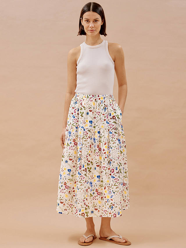 Albaray Buttercup Pressed Floral Midi Skirt, Cream/Multi