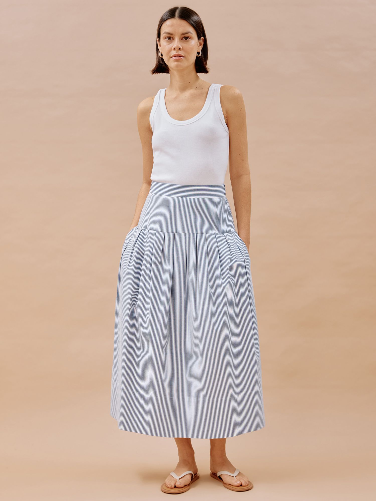 Buy Albaray Ticking Stripe Drop Waist Midi Skirt, Blue/White Online at johnlewis.com