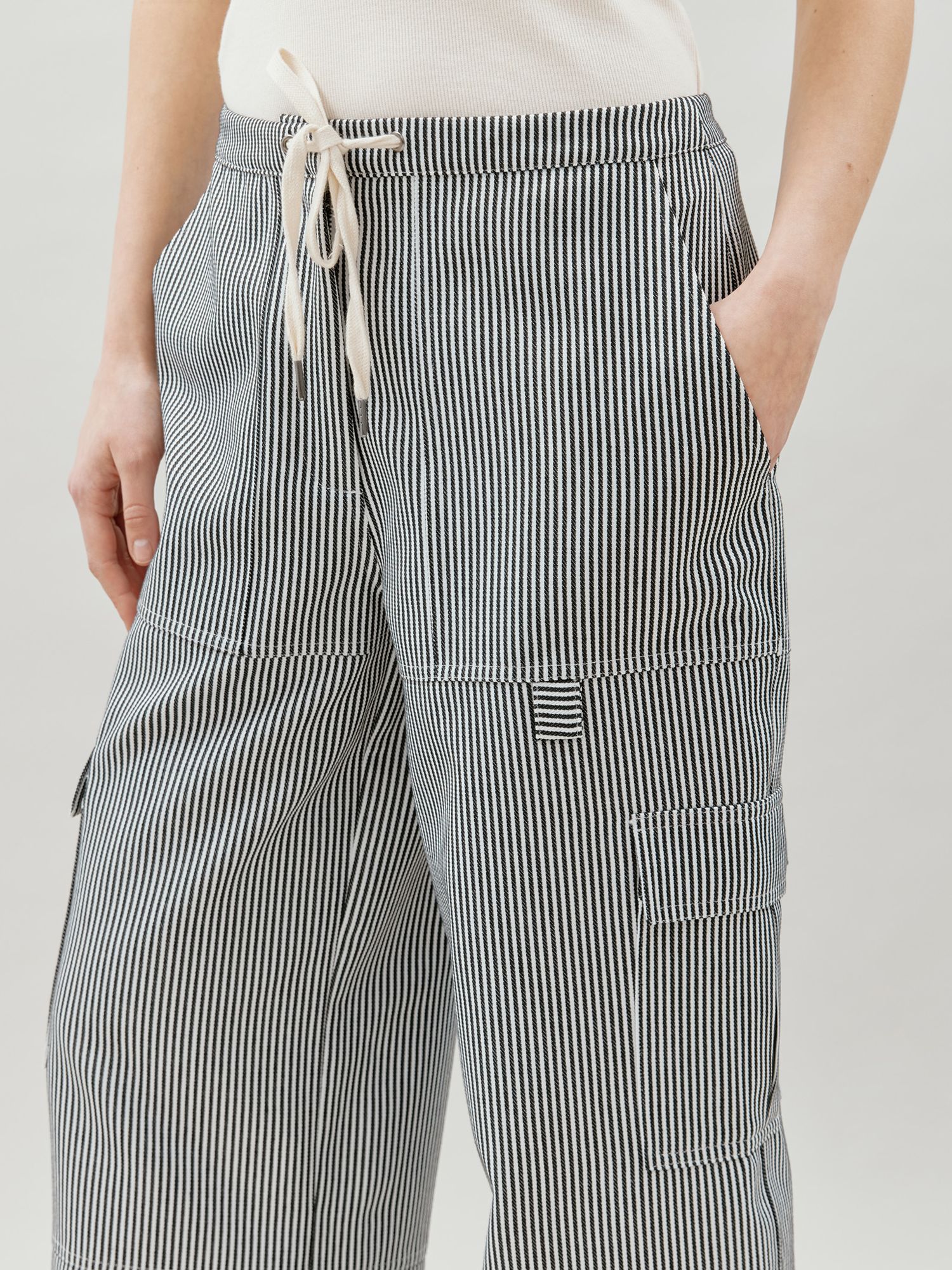 Albaray Ticking Stripe Drawstring Cargo Trousers, Black/White, 14