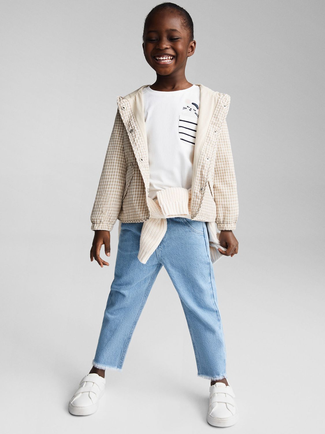 Buy Mango Kids' Wind Check Button Through Hooded Jacket, Light Beige Online at johnlewis.com