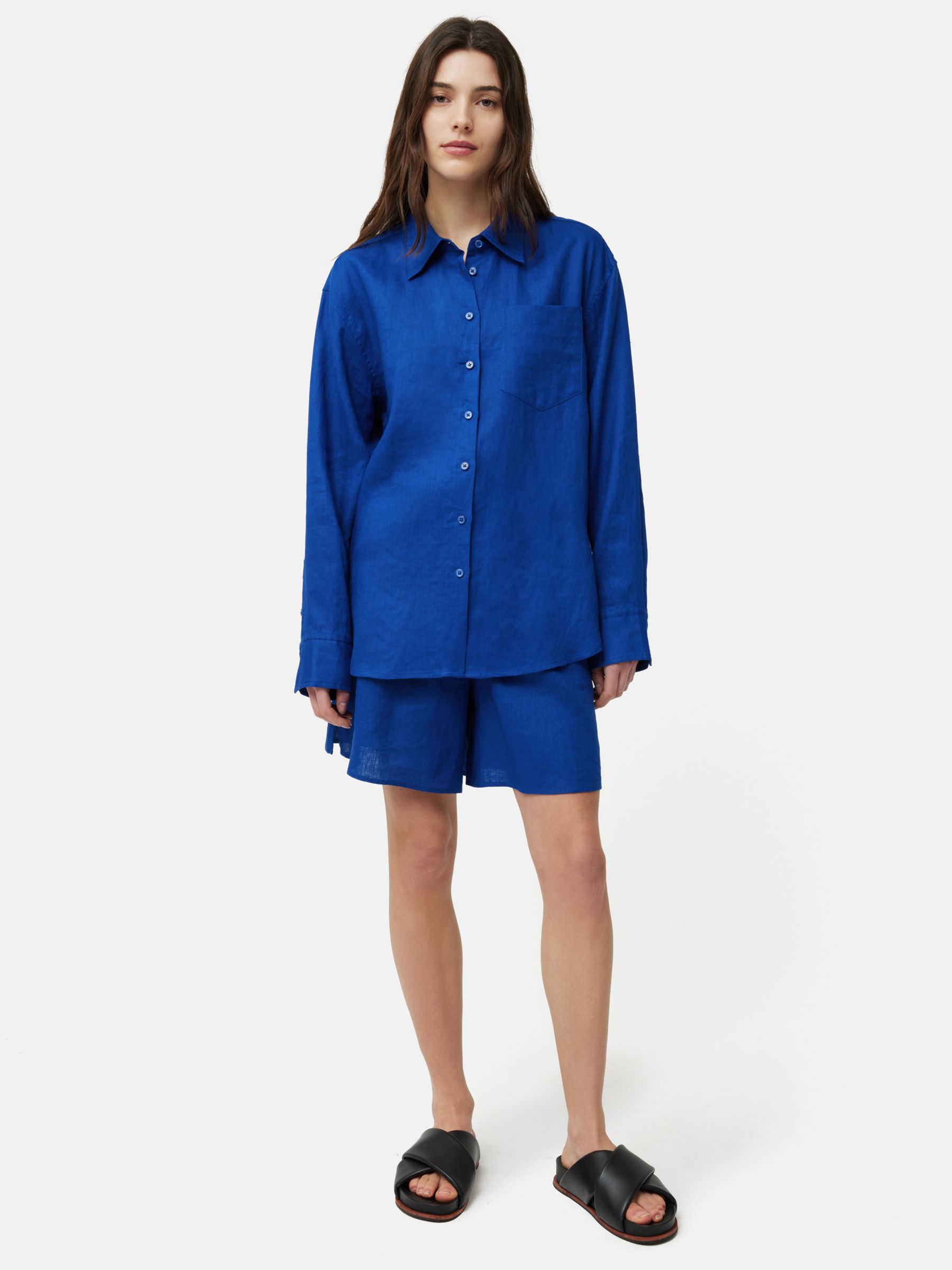 Jigsaw Elastic Waist Linen Shorts, Blue, 6