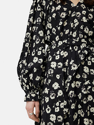 Jigsaw Grunge Floral Print Midi Dress, Black/Cream