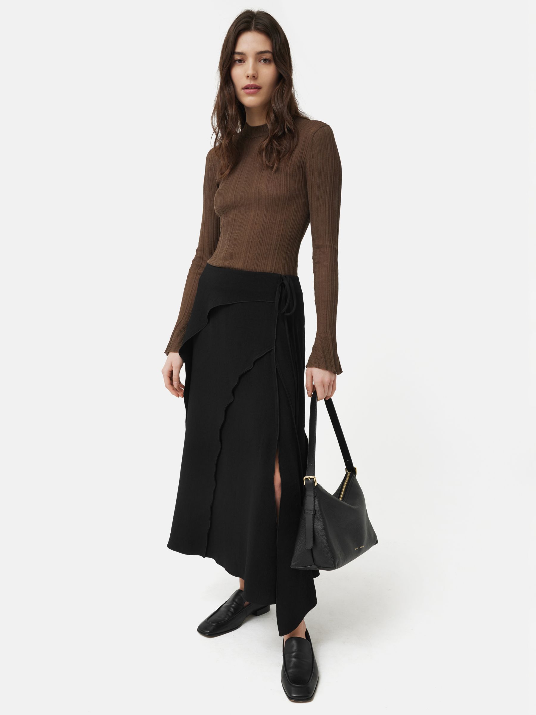 Jigsaw Seam Detail Crepe Midi Skirt, Black, 6