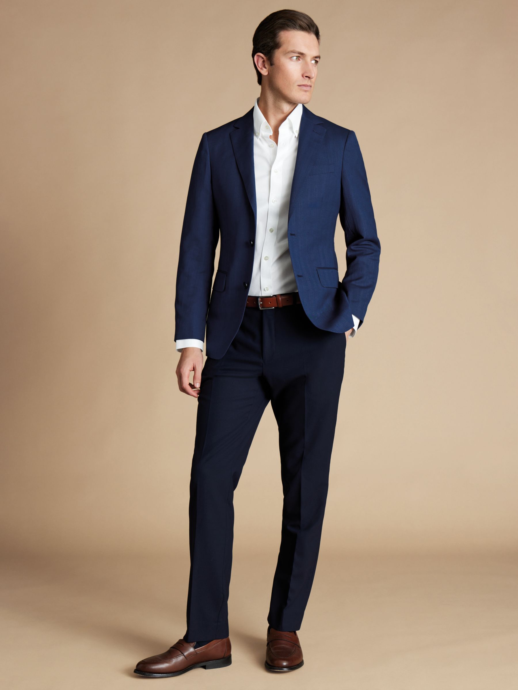 Charles Tyrwhitt Herringbone Wool Linen and Silk Blend Slim Fit Blazer, Ink Blue, 40R