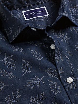 Charles Tyrwhitt Linen Slim Fit Leaf Print Short Sleeve Shirt, Indigo Blue