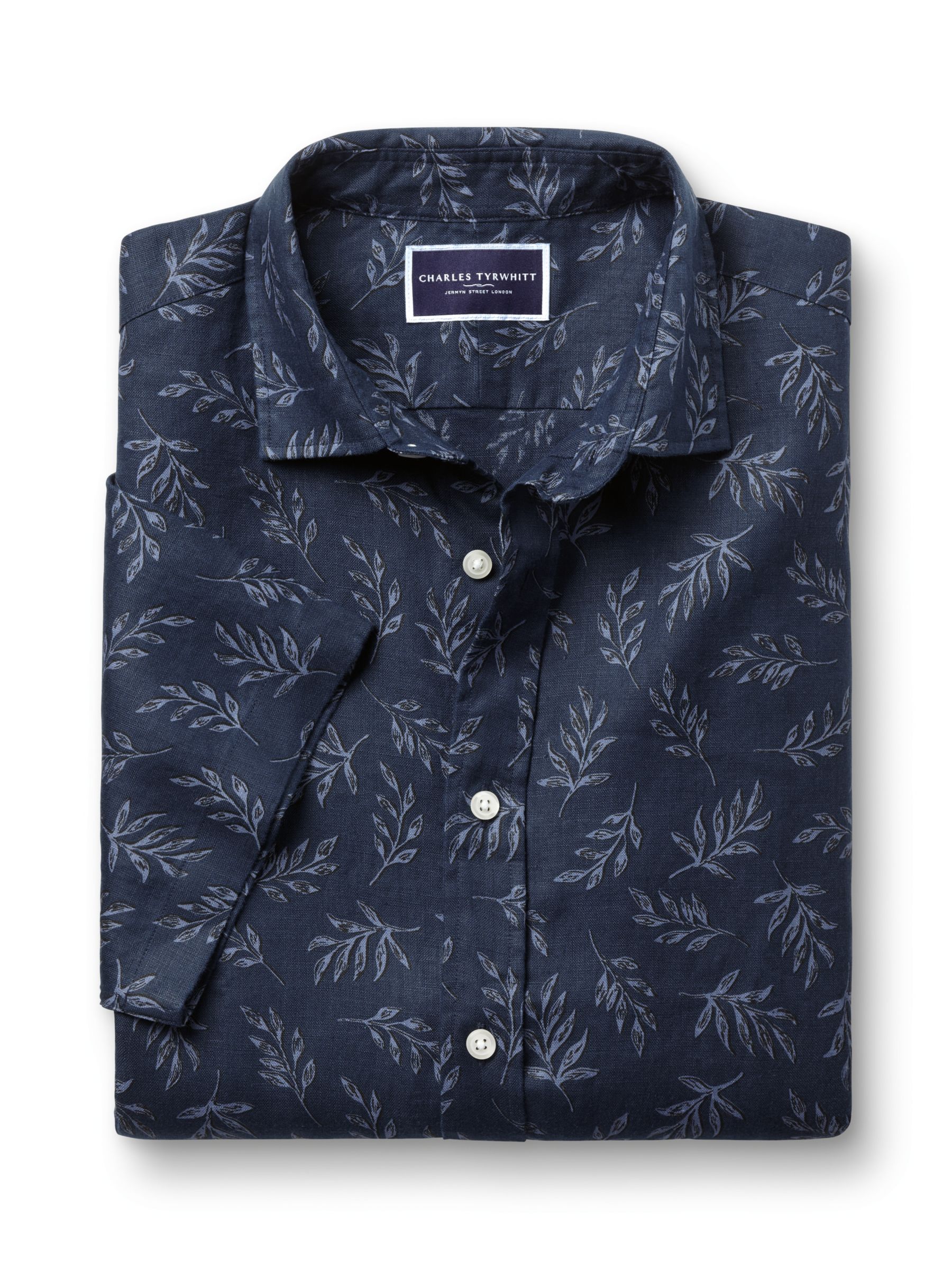 Charles Tyrwhitt Linen Slim Fit Leaf Print Short Sleeve Shirt, Indigo Blue, M