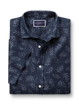 Charles Tyrwhitt Linen Slim Fit Leaf Print Short Sleeve Shirt, Indigo Blue