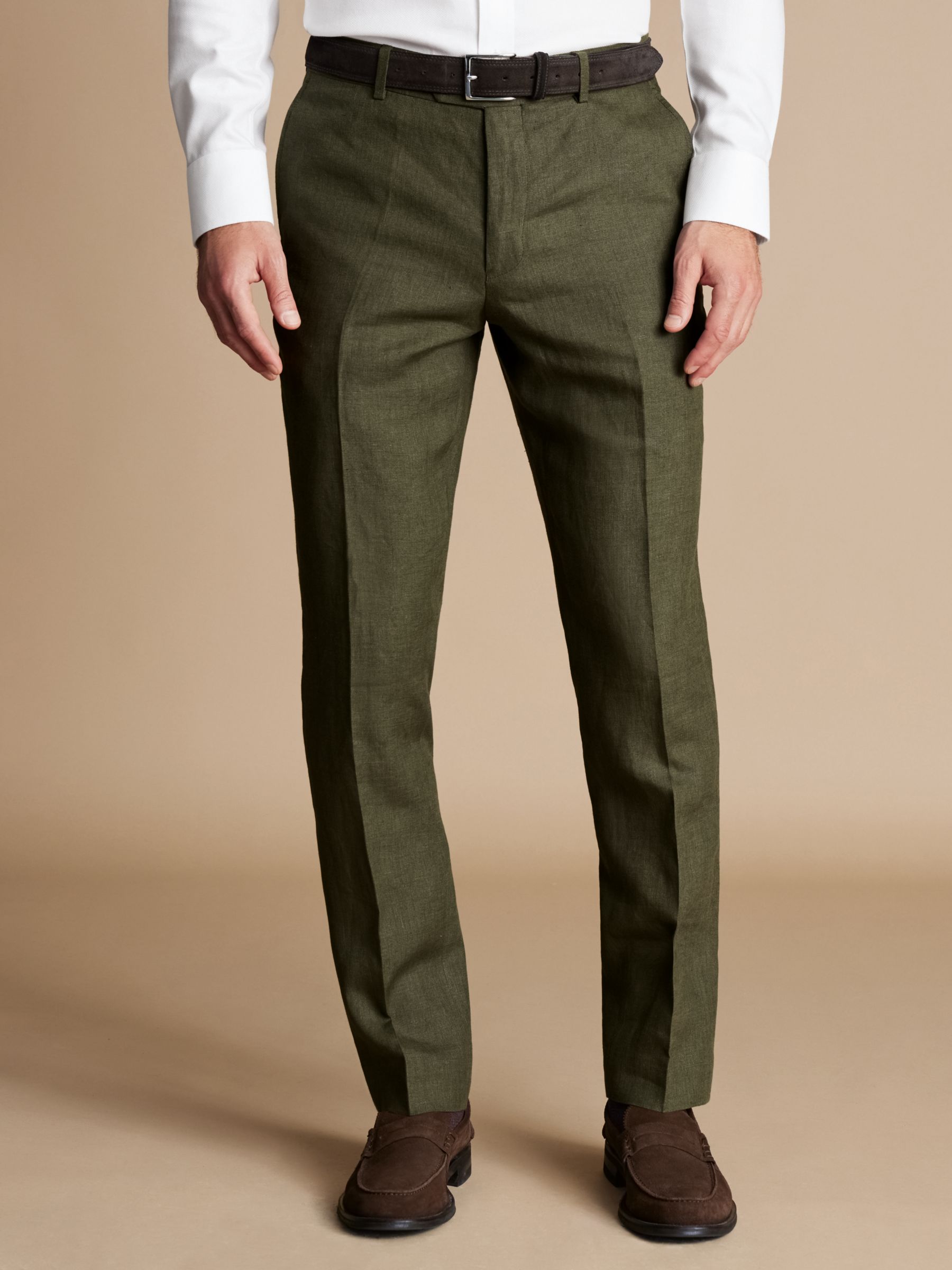 Charles Tyrwhitt Slim Fit Linen Trousers, Olive Green, 30R