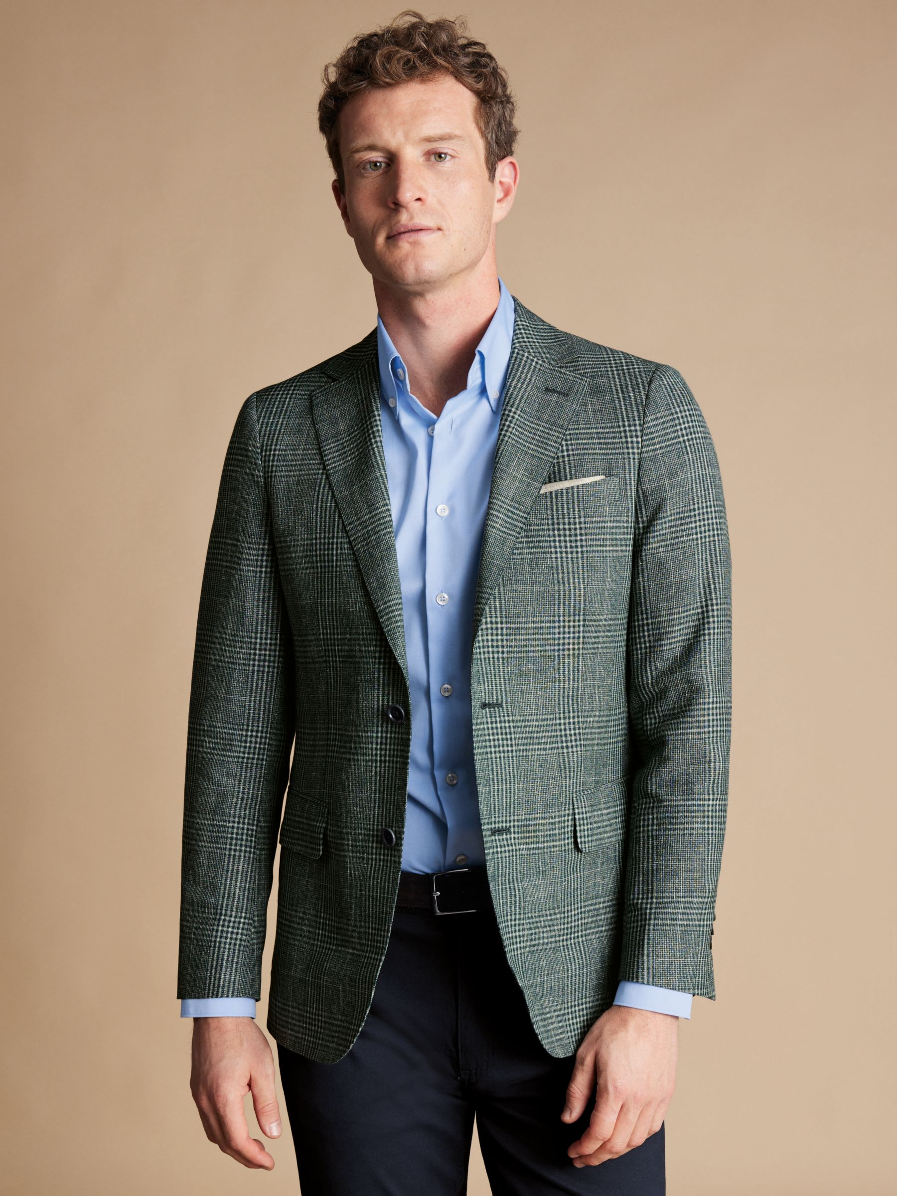 Charles Tyrwhitt Check Wool Linen and Silk Slim Fit Blazer, Sage Green ...