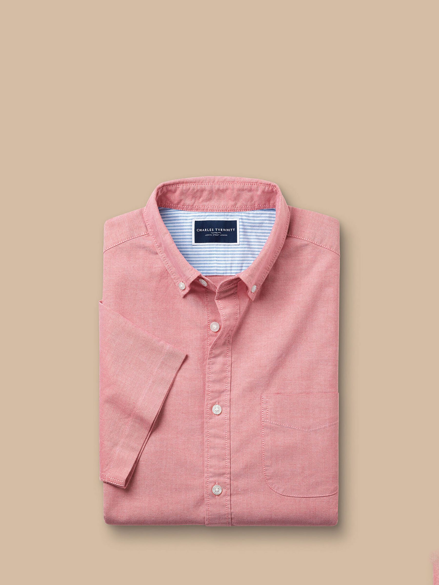Charles Tyrwhitt Plain Short Sleeve Button Down Stretch Washed Oxford Shirt, Coral Pink, M