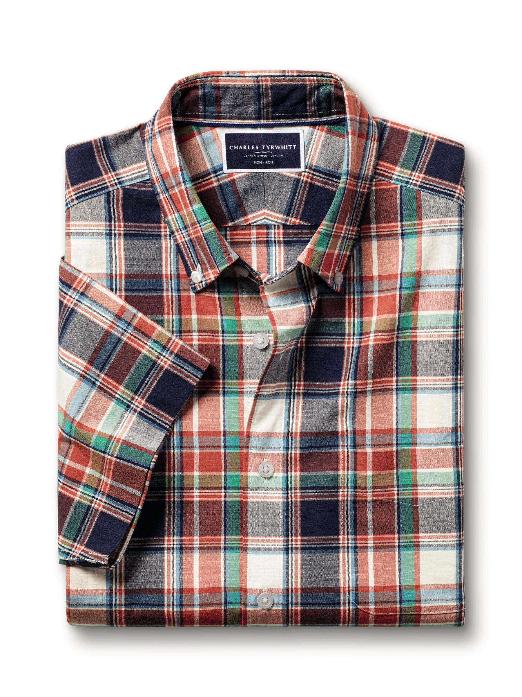 Charles Tyrwhitt Check Short Sleeve Non-Iron Poplin Shirt, Red/Multi, M