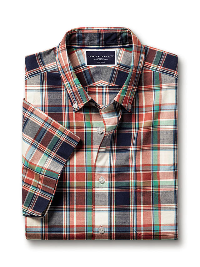 Charles Tyrwhitt Check Short Sleeve Non-Iron Poplin Shirt, Red/Multi