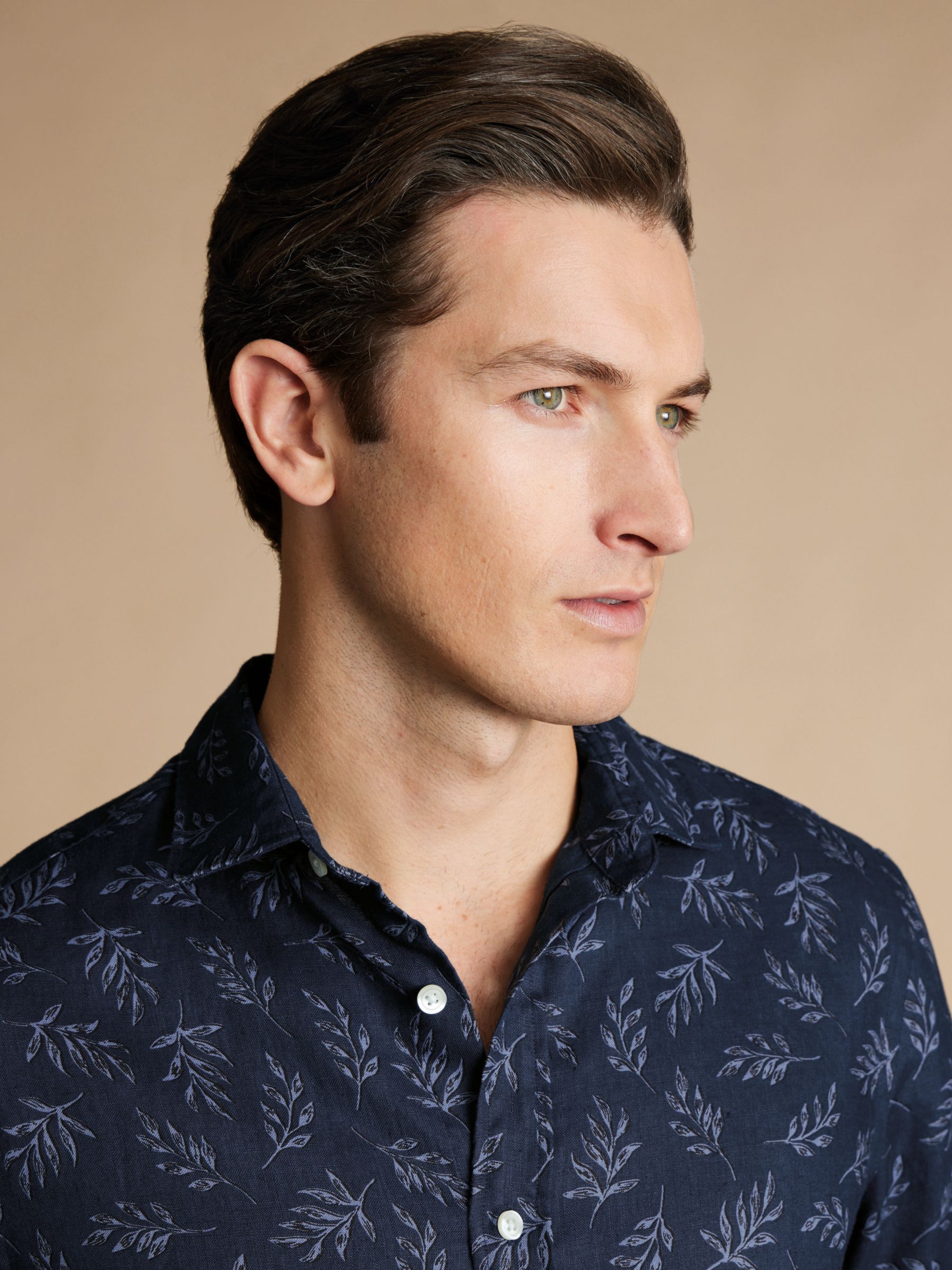 Charles Tyrwhitt Linen Classic Fit Leaf Print Short Sleeve Shirt, Indigo Blue, M