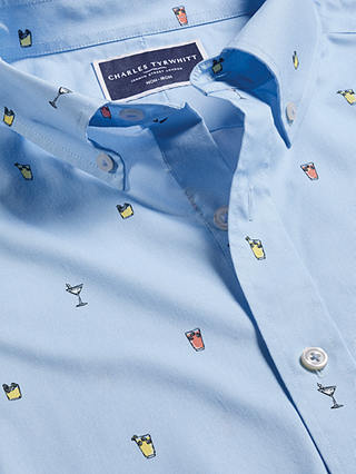 Charles Tyrwhitt Non-Iron Stretch Slim Fit Cocktail Print Short Sleeve Shirt, Sky Blue
