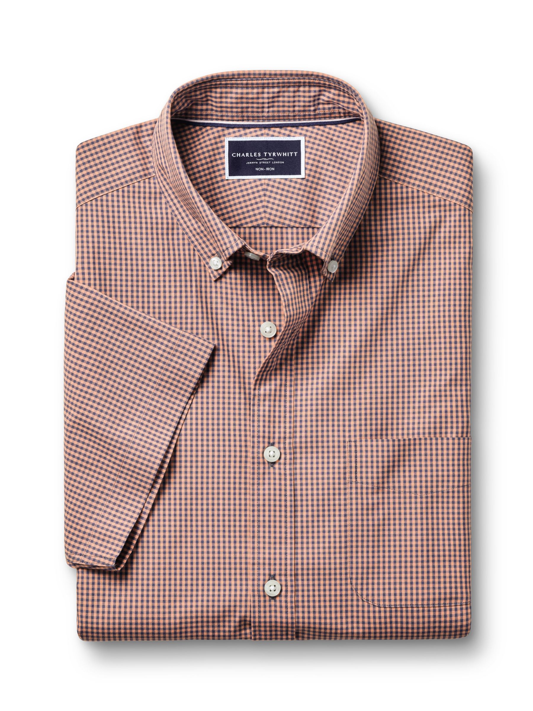 Charles Tyrwhitt Non-Iron Stretch Short Sleeve Shirt, Light Coral Pink, XL