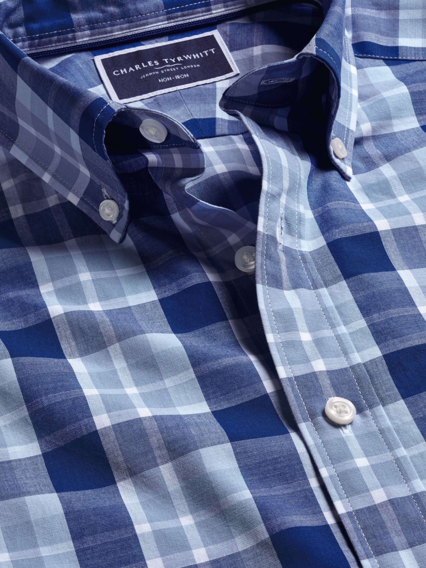 Charles Tyrwhitt Check Short Sleeve Non-Iron Poplin Shirt, Royal Blue, M