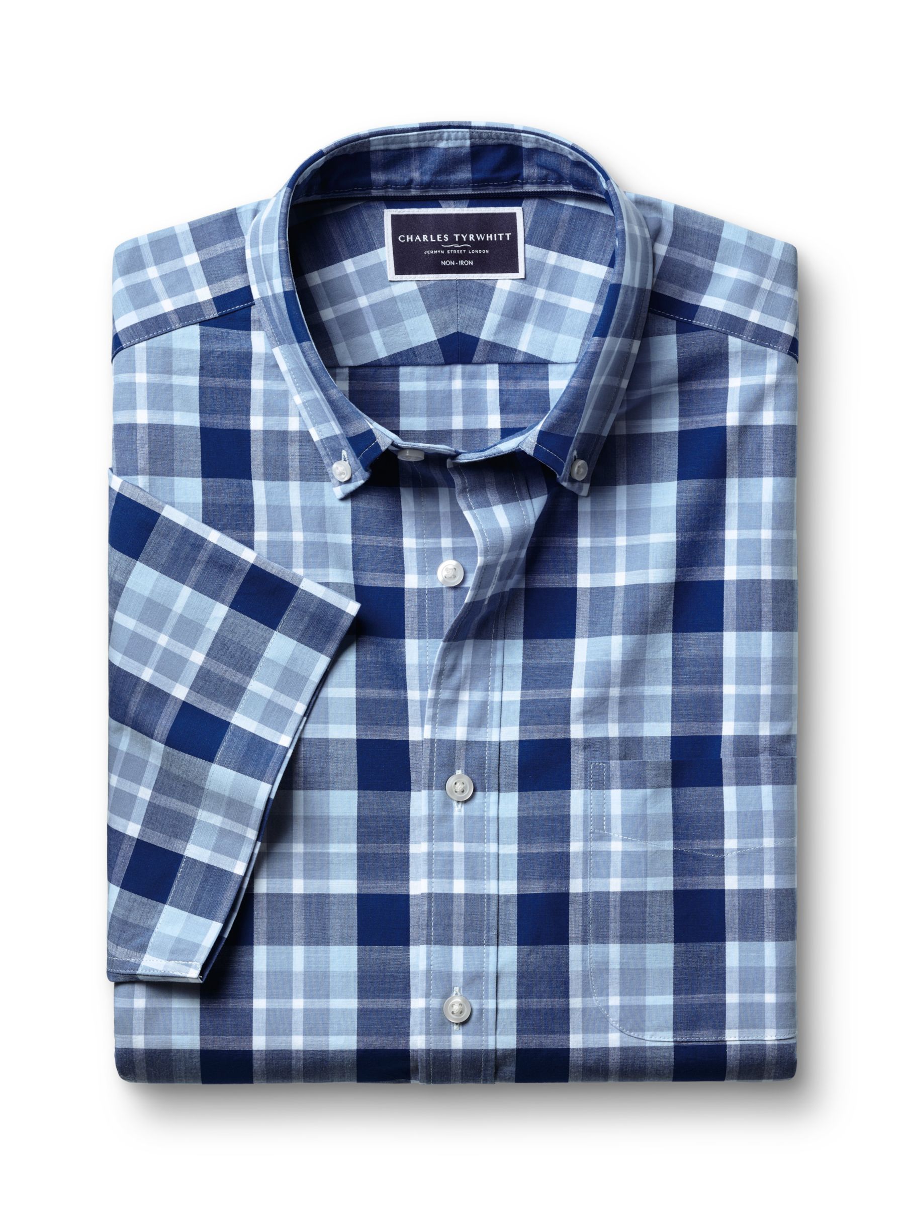 Buy Charles Tyrwhitt Check Short Sleeve Non-Iron Poplin Shirt, Royal Blue Online at johnlewis.com