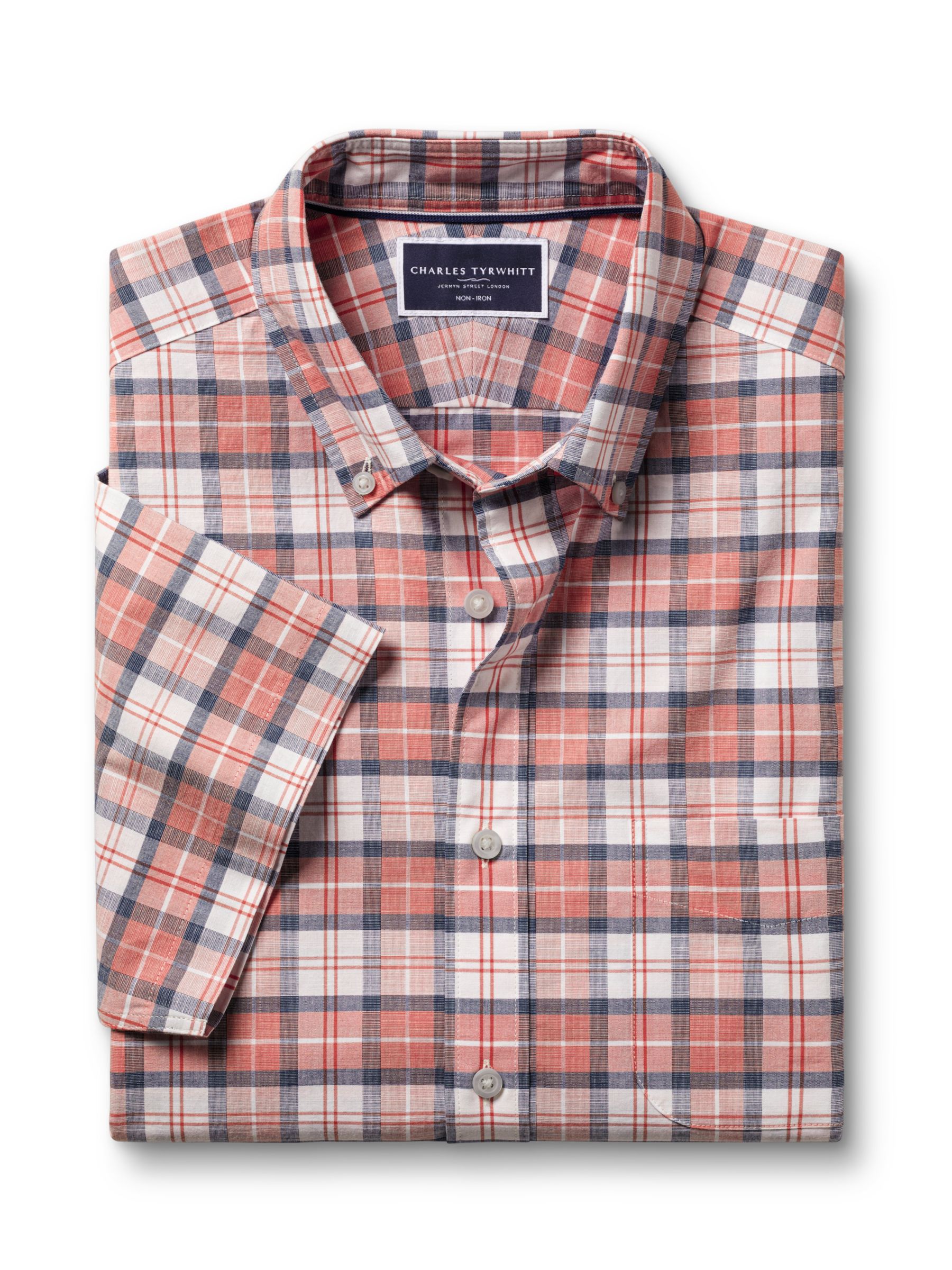 Buy Charles Tyrwhitt Check Short Sleeve Non-Iron Stretch Poplin Shirt, Coral Pink Online at johnlewis.com