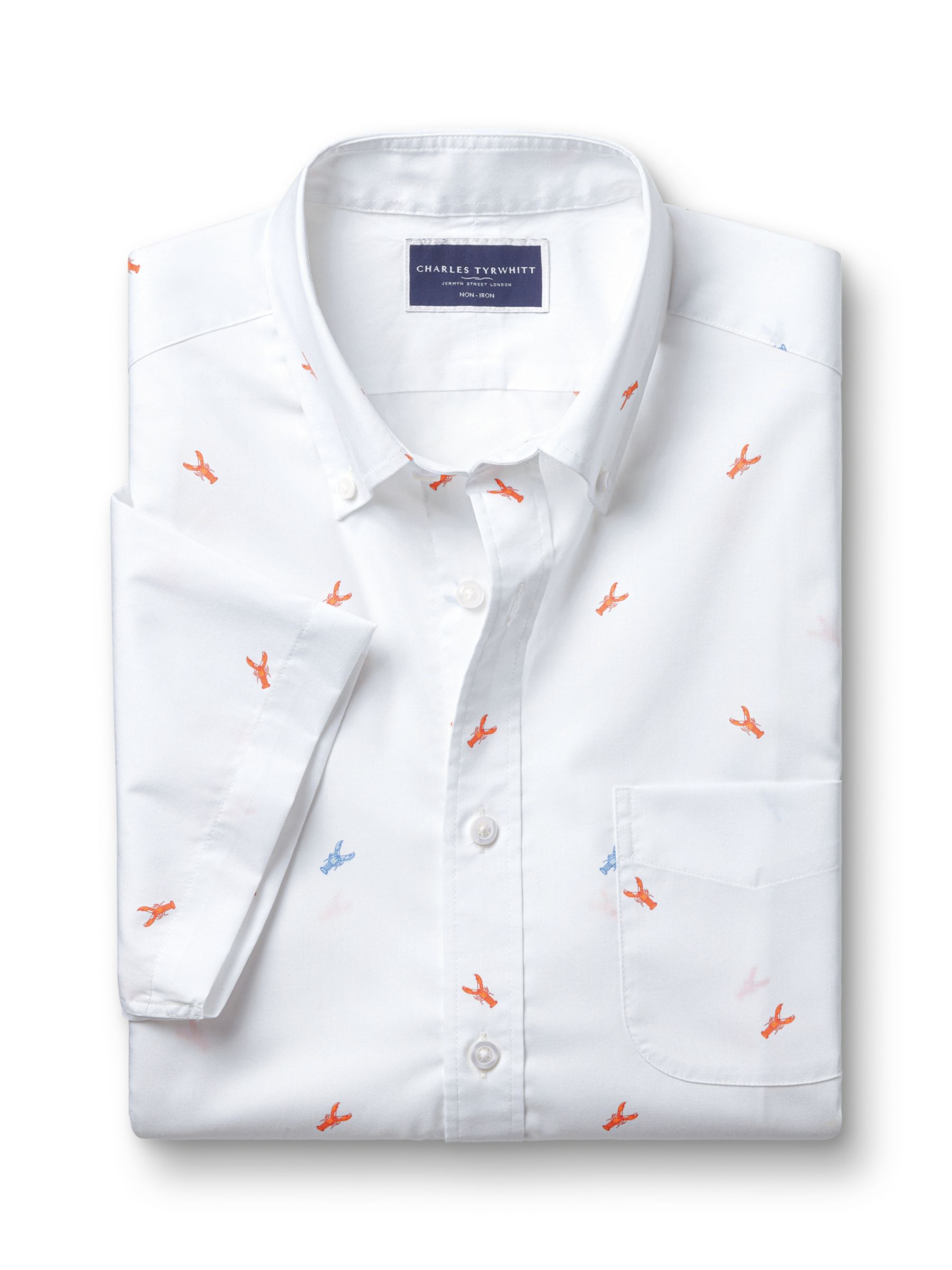 Charles Tyrwhitt Non-Iron Stretch Slim Fit Lobster Print Short Sleeve Shirt, White/Orange, M
