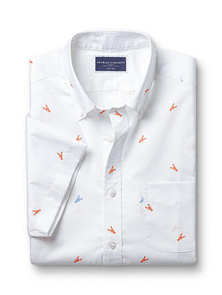 Charles Tyrwhitt Non-Iron Stretch Slim Fit Lobster Print Short Sleeve Shirt, White/Orange